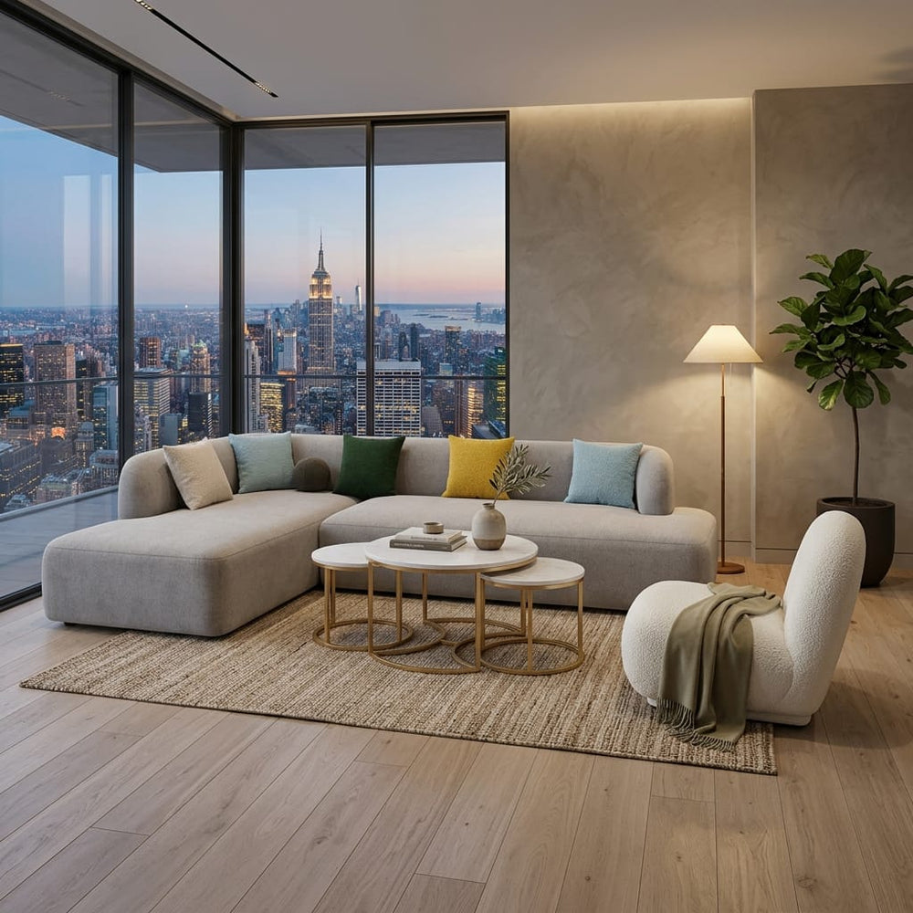 Pack Salon Horizon - canapé d'angle, fauteuil & table basses